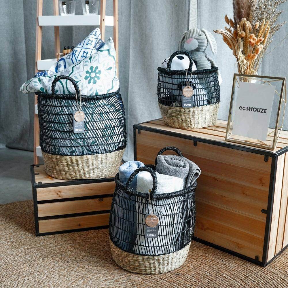ecoHOUZE Seagrass Woven Basket With Handles - Black (Large) Singapore
