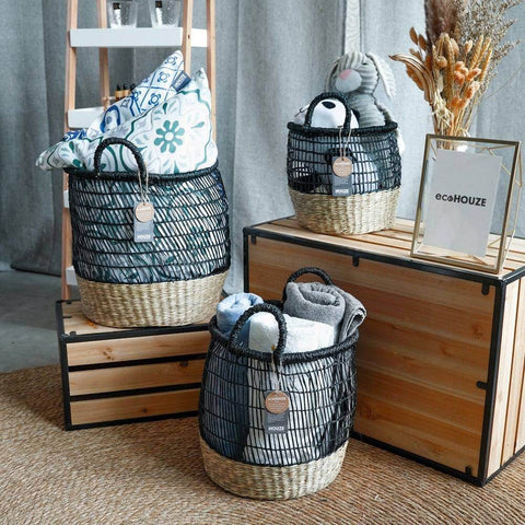 ecoHOUZE Seagrass Woven Basket With Handles - Black (Small) Singapore