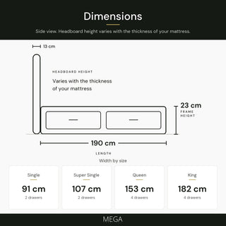 Endora Fabric Drawer Bed Frame (Water Repellent & Pet friendly) by Somnuz - Dimensions