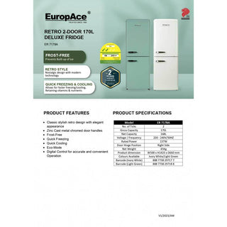 EuropAce Retro 2-Door 170L Deluxe Refrigerator (ER 7178A) Singapore
