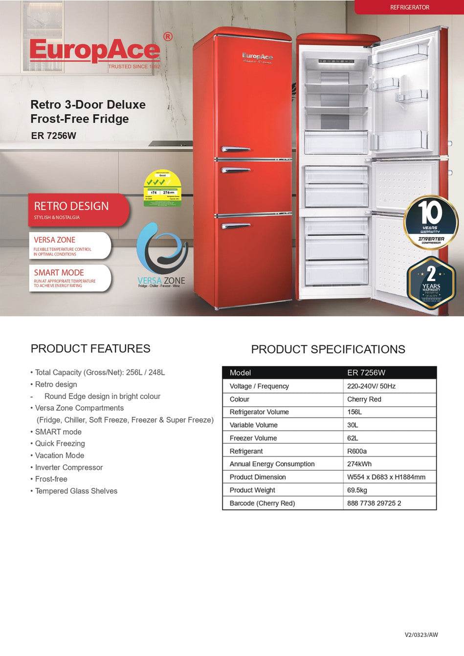 Europace Retro 3 Doors Versa Zone Refrigerator ER 7256W Singapore