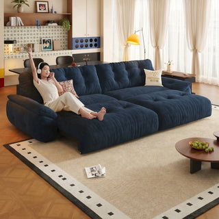 Navy chenille power sofa bed in a living room