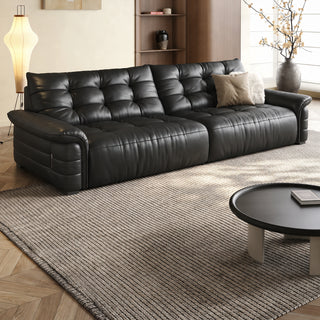 Tan leather sofa in a living room