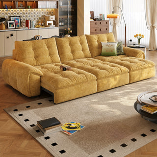 Amber velvet power sofa bed in a living room