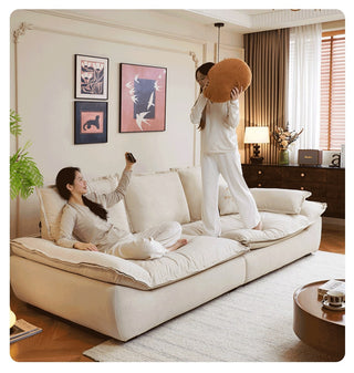 Deep, low fabric sofa