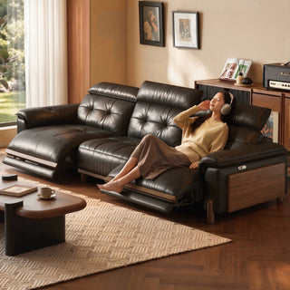 Dark leather power recliner sofa on solid-wood side panels