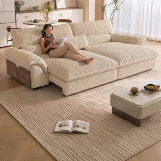 Cream lamb-fleece power sofa bed in a living room