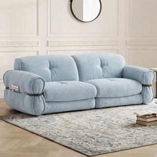 Blue fabric sofa in a living room