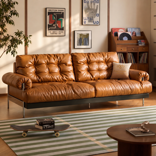 Tan leather sofa in a living room