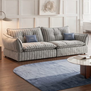 Striped chenille sofa in a living room