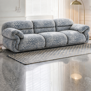 Blue textured chenille sofa in a living room