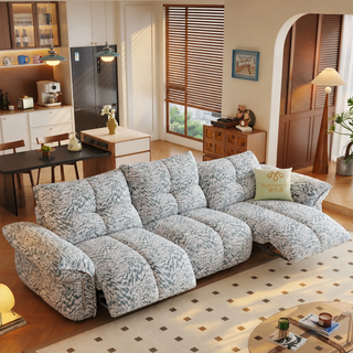 Two-tone fabric power recliner sofa in a living room