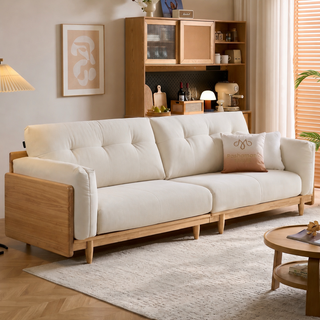 Cream chenille sofa with rubberwood frame in a living room