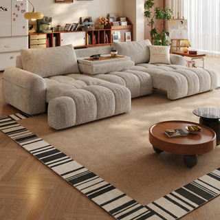 Lamb-fleece power sofa bed in a living room