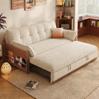 Cream lamb-fleece sofa bed in a living room