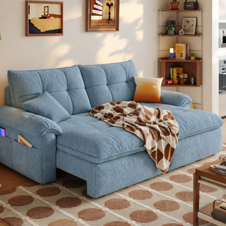 Blue lamb-fleece power sofa bed in a living room
