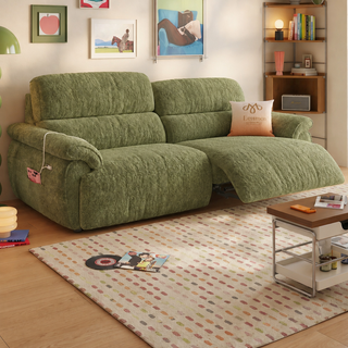Green lamb-fleece power recliner sofa in a living room