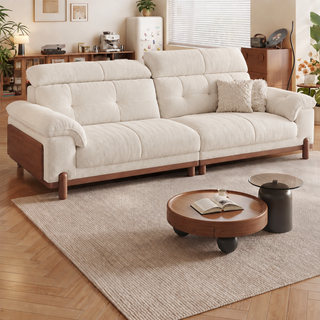 Fabric sofa with solid wood side panels in a living room