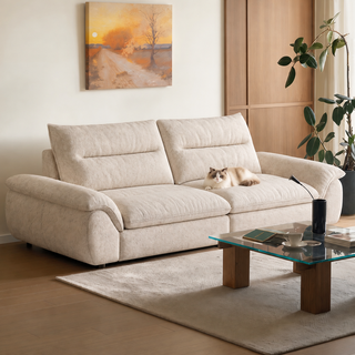 Oatmeal fabric sofa in a living room
