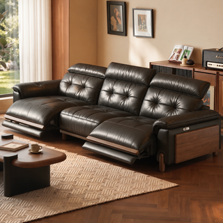 Dark leather power recliner sofa on solid-wood side panels