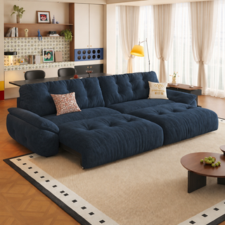 Navy ripple-chenille power sofa bed in a living room