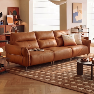 Tan leather sofa in a living room