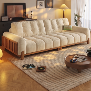Cream cat-scratch velvet sofa on a solid rubberwood base in a living room