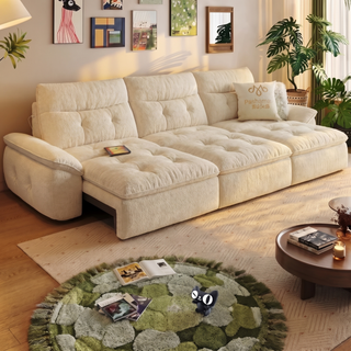 Cream chenille power sofa bed in a living room