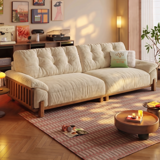 Cream chenille sofa on a solid rubberwood base in a living room
