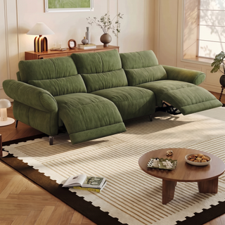 Olive-green chenille power recliner sofa in a living room