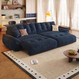 Navy chenille power sofa bed in a living room