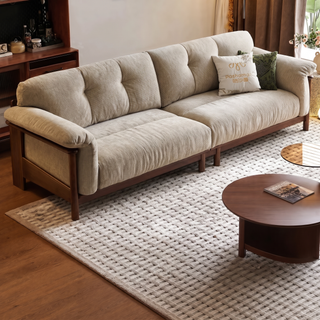 Taupe chenille sofa in a solid wood frame