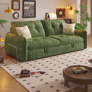 Moss-green chenille sofa bed in a living room