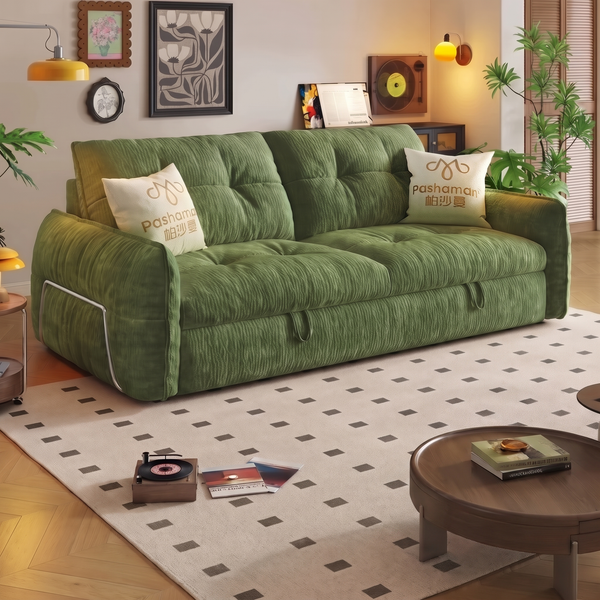 Moss-green chenille sofa bed in a living room