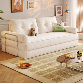 Cream chenille modular sofa bed in a living room