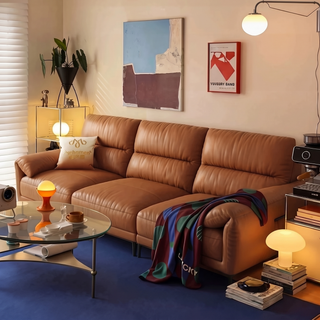Cognac leather sofa in a living room