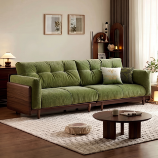 Vintage-green chenille sofa in a walnut rubberwood frame