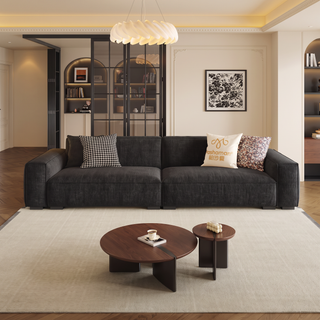 Black chenille block sofa in a living room