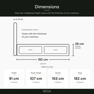 Lysara Fabric Drawer Bed Frame (Water Repellent & Pet friendly) by Somnuz - Dimensions