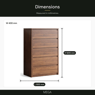 Damarion Wooden Chest of Drawer (5 Drawers) - Dimensions