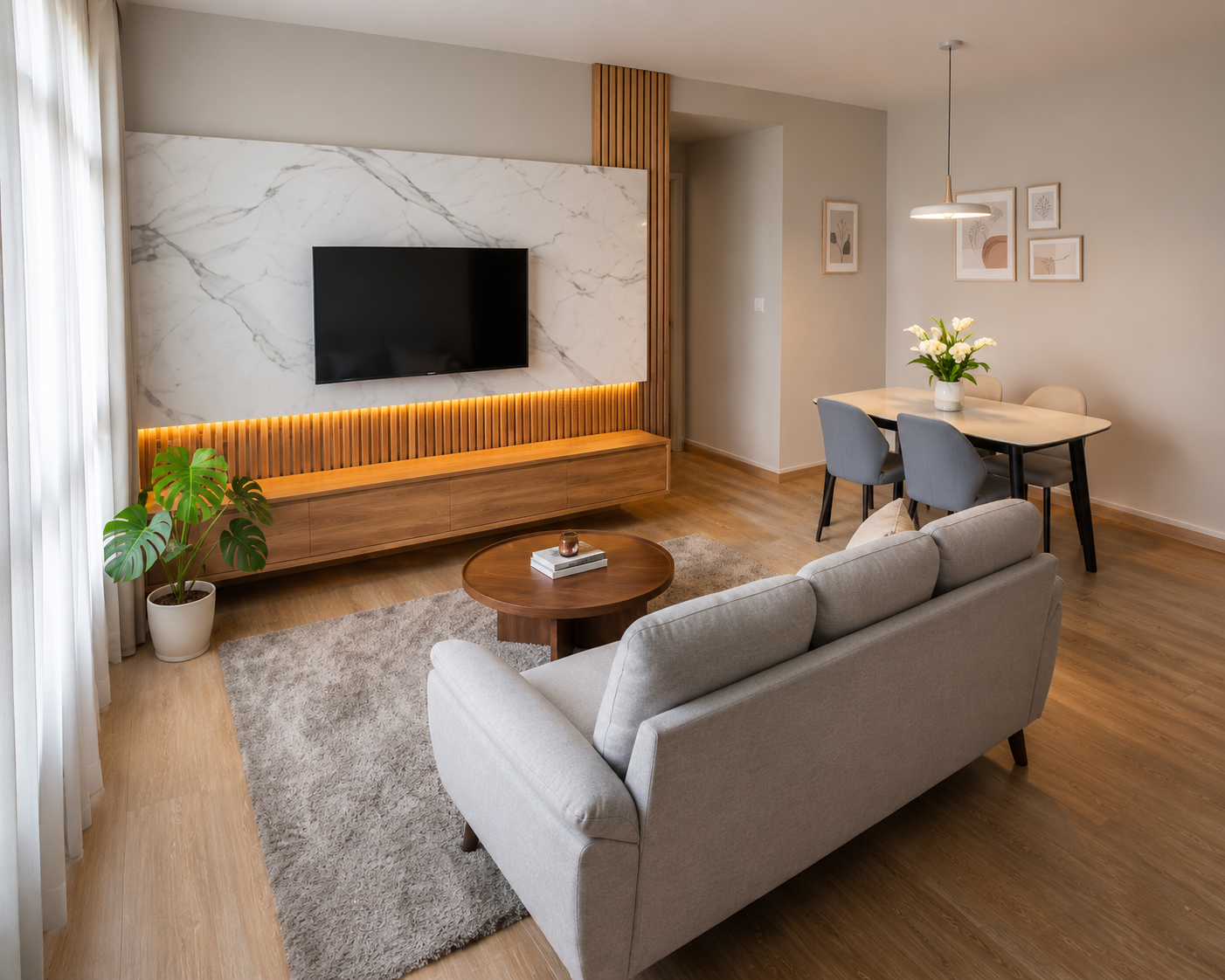 MegaFurniture furniture package with feature wall, three-seater sofa and one plus four dining set