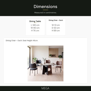 Ovelora Sintered Stone Dining Set (1+4) - Dimensions