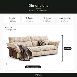 Zephira Fabric Sofa - Dimensions