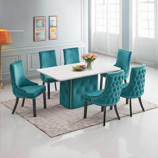 Samire Velvet Chesterfield Dining Set with Marble Top in Green (1+6) Singapore